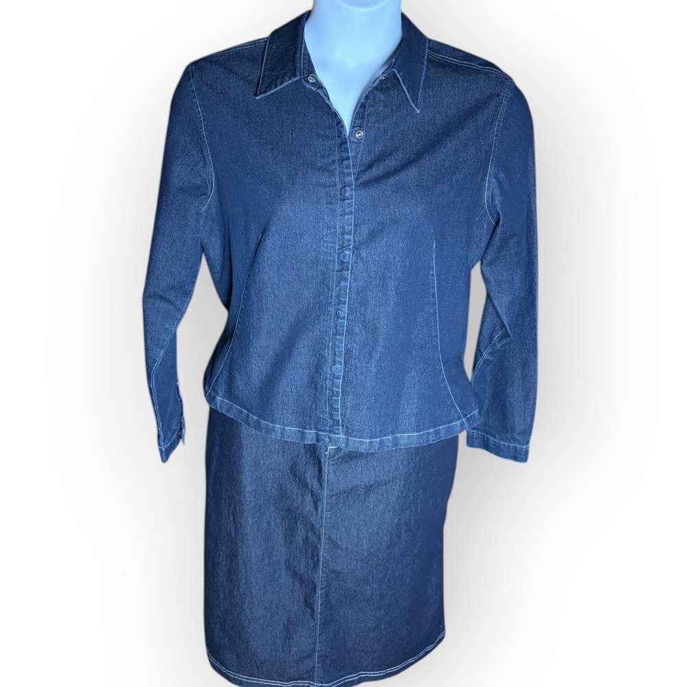 Kathy Ireland Womens XL Dark Wash Denim Skirt Set 2 Piece Button Down Shirt XL